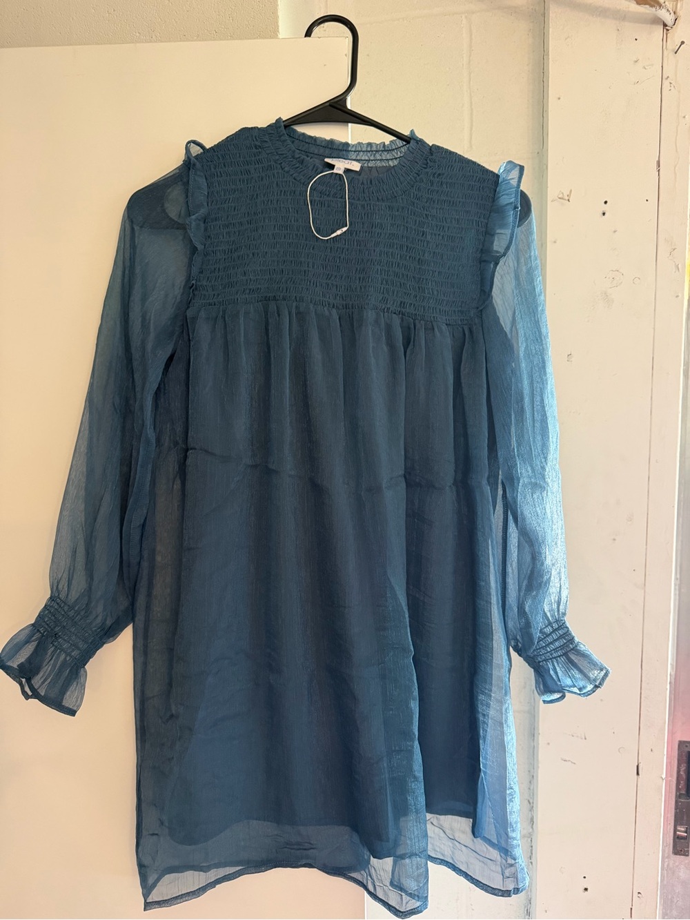 Blue Smocked Yoke Girls Long-Sleeve Party Dress